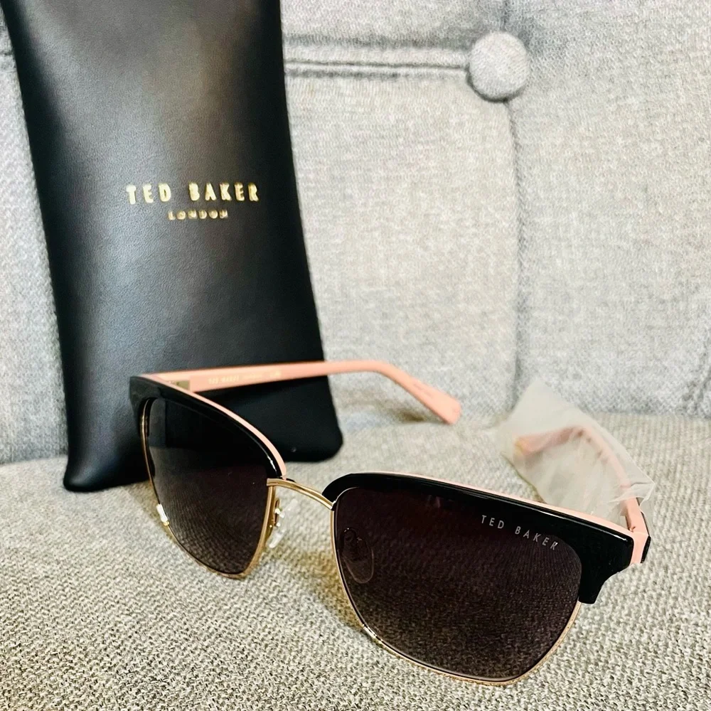 Ted Baker Full Rim Clubmaster Sunglasses w/ Leather Case - Black & Pink $189 NWT - Picture 3 of 9